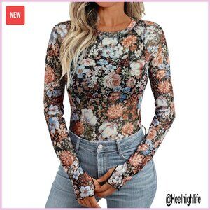 Mesh Lace Long Sleeve Top Slim Fit Floral Sheer T-Shirt Fall Fashion